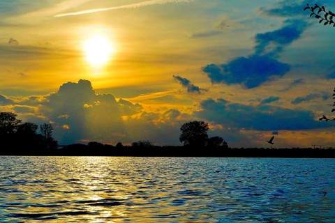 Golden sunrise over a body of water with dramatically illuminated clouds, Polder 27798 Hude-Germany