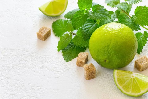 Ingredients for Mojito. Juicy lime, mint and brown sugar, copy space