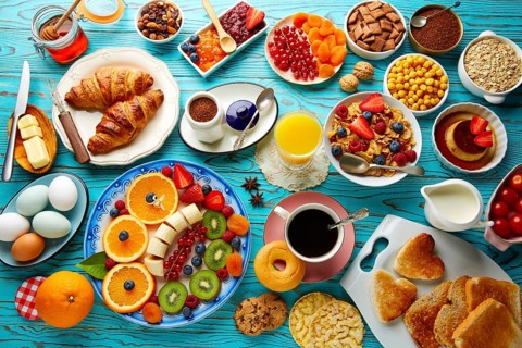 Breakfast buffet healthy continental coffee orange juice fruit salad croissant