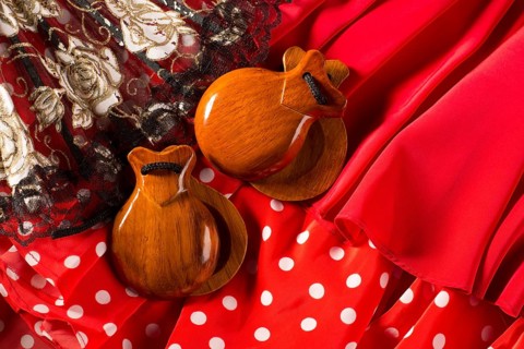 Castanets fan and flamenco comb typical from Spain Espana ements