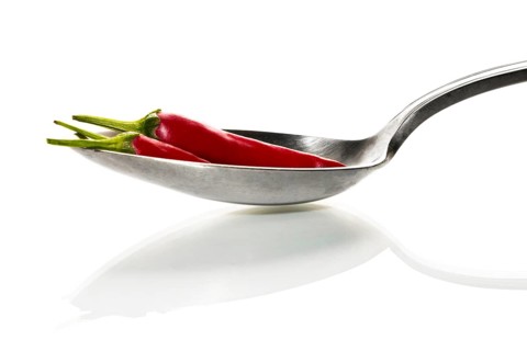 Chilli (Capsicum) spice on a tablespoon with a white background