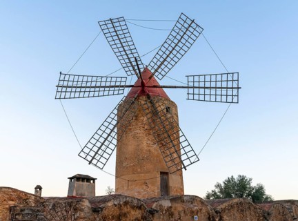Algaida, Spain, 21 January, 2024: historic windmill in the country town of Algaida in the interior