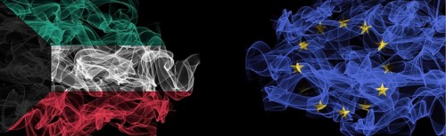 Flags of Kuwait and EU on Black background, Kuwait vs Europe Union Smoke Flags