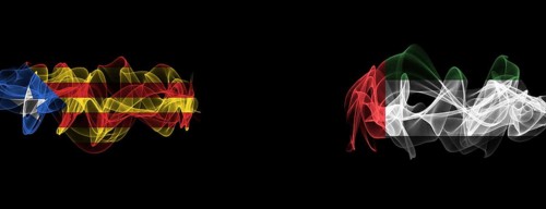Flags of Catalonia and UAE on black background, Catalonia vs United Arab Emirates smoke flags