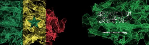 Flags of Senegal and Saudi Arabia on Black background, Senegal vs Saudi Arabia Smoke Flags