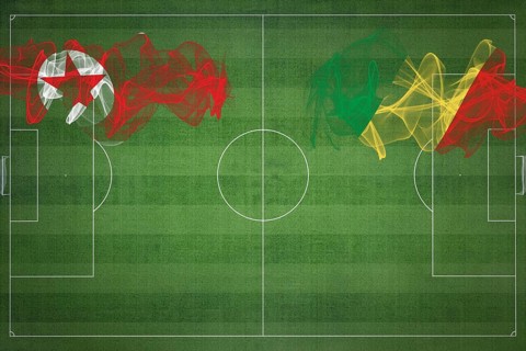 North Korea vs Congo Soccer Match, national colors, national flags, soccer field, football game,