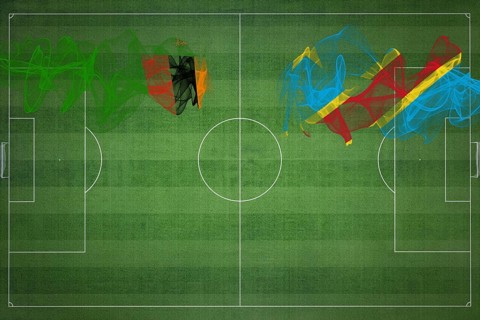 Zambia vs DR Congo Soccer Match, national colors, national flags, soccer field, football game,