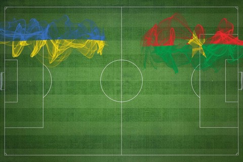 Ukraine vs Burkina Faso Soccer Match, national colors, national flags, soccer field, football game,