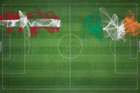 Denmark vs Ireland Soccer Match, national colors, national flags, soccer field, football game,