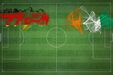 Germany vs Ivory Coast Soccer Match, national colors, national flags, soccer field, football game,