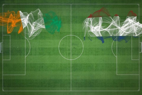 Ivory Coast vs Netherlands Soccer Match, national colors, national flags, soccer field, football