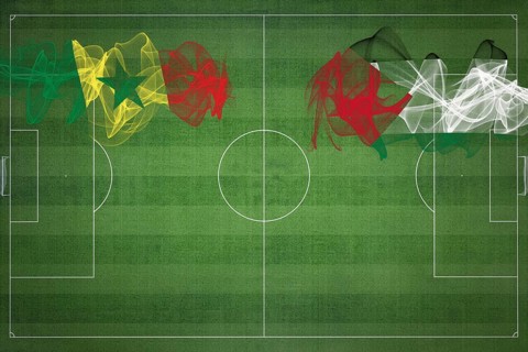 Senegal vs Palestine Soccer Match, national colors, national flags, soccer field, football game,