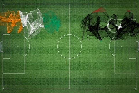 Ivory Coast vs Libya Soccer Match, national colors, national flags, soccer field, football game,
