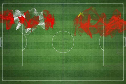 Canada vs China Soccer Match, national colors, national flags, soccer field, football game,