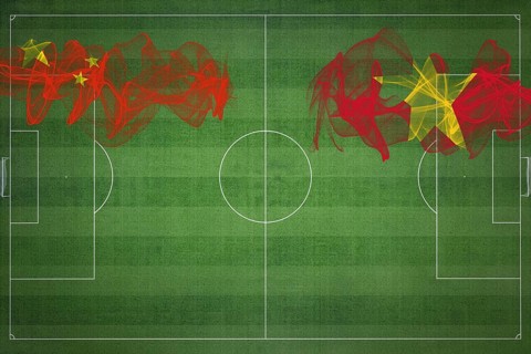 China vs Vietnam Soccer Match, national colors, national flags, soccer field, football game,