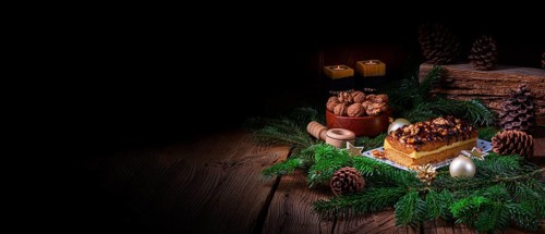 Chocolate ginger bread with filling, jam and nuts