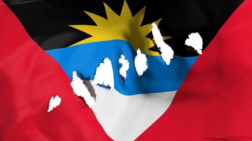 Antigua and Barbuda flag perforated, bullet holes, white background, 3d rendering