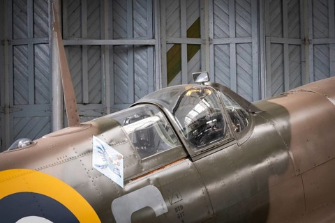 Close up of a Spitfire fighter aeroplane canopy at the Imperial War Museum Duxford at Duxford
