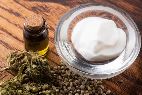 Cannabis oinment natural product. Cosmetic cream from natural hemp, moisturizing lotion with CBD