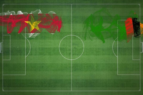 Suriname vs Zambia Soccer Match, national colors, national flags, soccer field, football game,