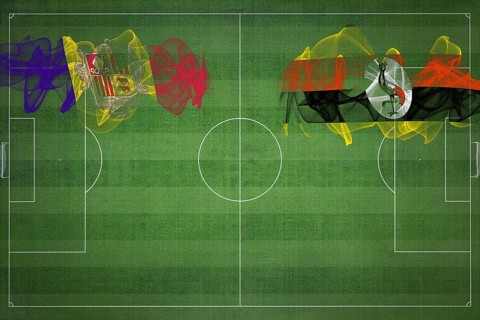 Andorra vs Uganda Soccer Match, national colors, national flags, soccer field, football game,