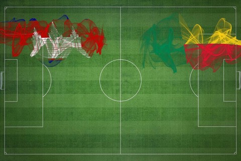 Cambodia vs Benin Soccer Match, national colors, national flags, soccer field, football game,