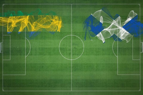 Gabon vs Scotland Soccer Match, national colors, national flags, soccer field, football game,