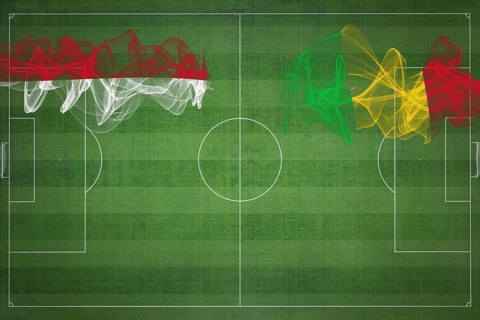 Indonesia vs Mali Soccer Match, national colors, national flags, soccer field, football game,