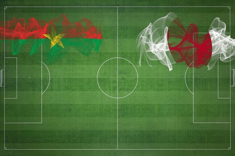 Burkina Faso vs Japan Soccer Match, national colors, national flags, soccer field, football game,