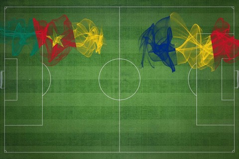 Cameroon vs Romania Soccer Match, national colors, national flags, soccer field, football game,