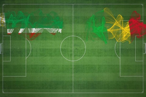 Chechnya vs Mali Soccer Match, national colors, national flags, soccer field, football game,