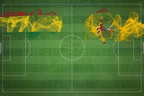 Bolivia vs Spain Soccer Match, national colors, national flags, soccer field, football game,