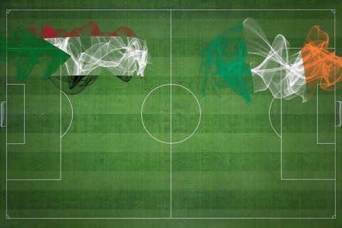 Sudan vs Ireland Soccer Match, national colors, national flags, soccer field, football game,