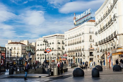 Madrid, Spain, November 1, 2019: Scenic view of famous Puerta del Sol square. Morning view, Europe