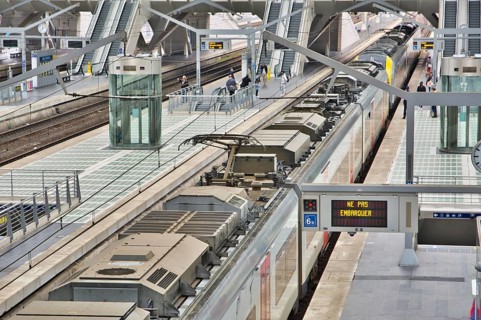 Liege, Belgium, June 2021: Ne pas Embarquer or do not board the train message in Belgian railway