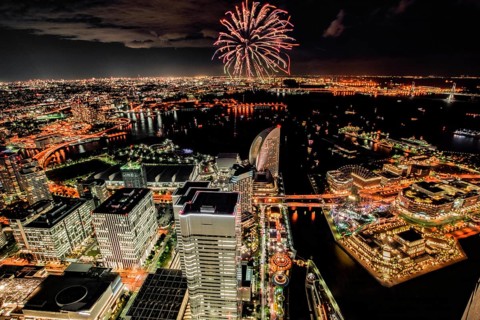 Fireworks and Yokohama night view (taken from the Landmark Tower). Shooting Location: Yokohama-city