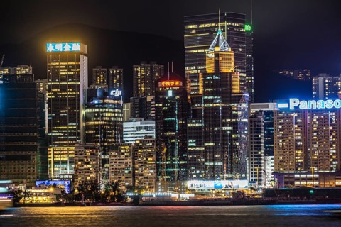 Hong Kong night view seen from the Victoria Harbor. Shooting Location: Hong Kong Special