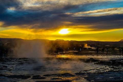 Geysir geyser and sunrise Iceland. Shooting Location: Iceland, Reykjavik