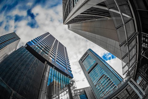 Minato-ku, Tokyo Shiodome office buildings and blue sky. Shooting Location: Tokyo metropolitan area