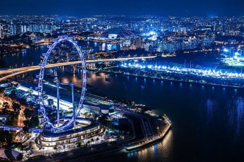 Marina Bay Sands night view from the observatory Singapore. Shooting Location: Singapore