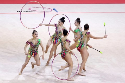 Sofia, Bulgaria - 27 March, 2021: Team Turkey perform during the 3 Hoops + 2 pairs of Clubs group