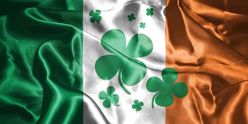 St. Patrick's Day. Flag Of Ireland With Clover Leafs 3D illustration