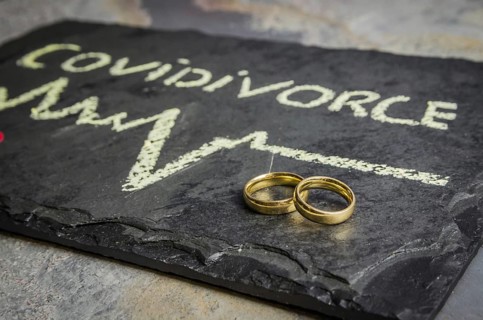 Great concept of divorce in quarantine due to the 2019 coronavirus pandemic. Plaque written