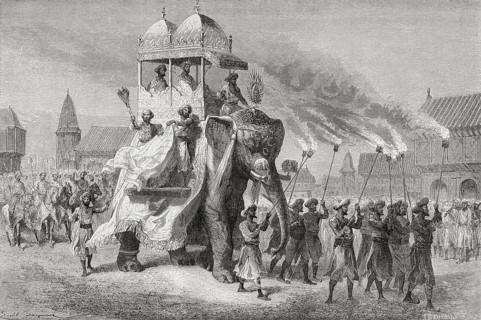 Maharaja of Baroda riding on elephant in procession, India, Asia