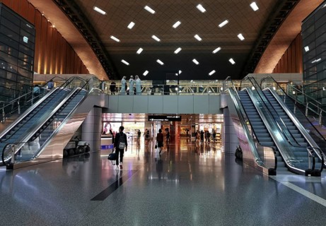 Doha, Qatar, March 8 2020: The luxury interior of the Hamad international airport, the base of