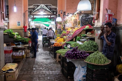 Fruit and vegetable market, market hall, old town, Port Louis, Indian Ocean, island, Mauritius,