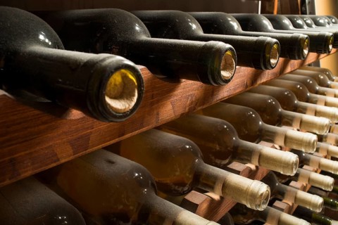 Wine bottles on shelf. Wine cellar. Close up wine bottles