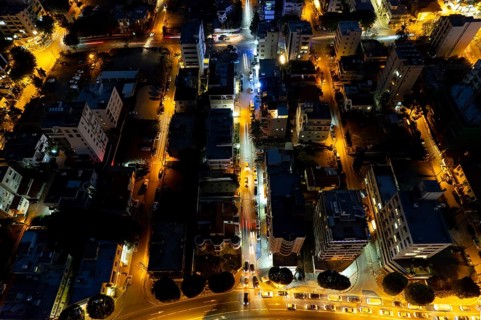 Aerial drone photograph of the cityscape of Nicosia in Cyprus at night