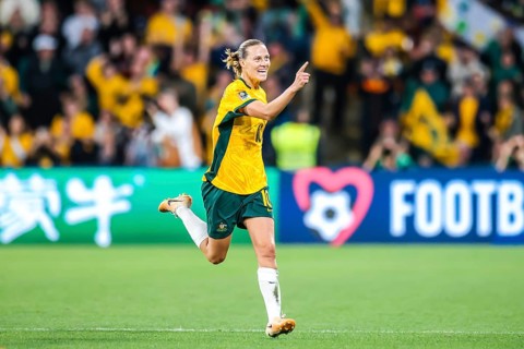 BRISBANE, AUSTRALIA, JULY 27: Emily VAN EGMOND of Australia celebrates scoring as Australia plays