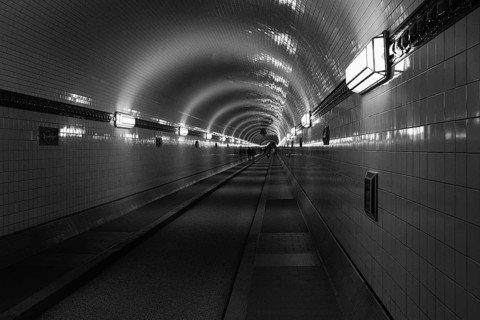 Old Elbe Tunnel in Hamburg, black and white, Hamburg, Germany, Europe